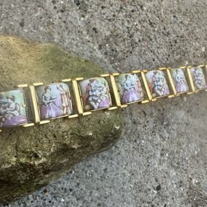 Vintage Courting Couple Gold‎ Tone Link Panel Bracelet Victorian Revival 8"